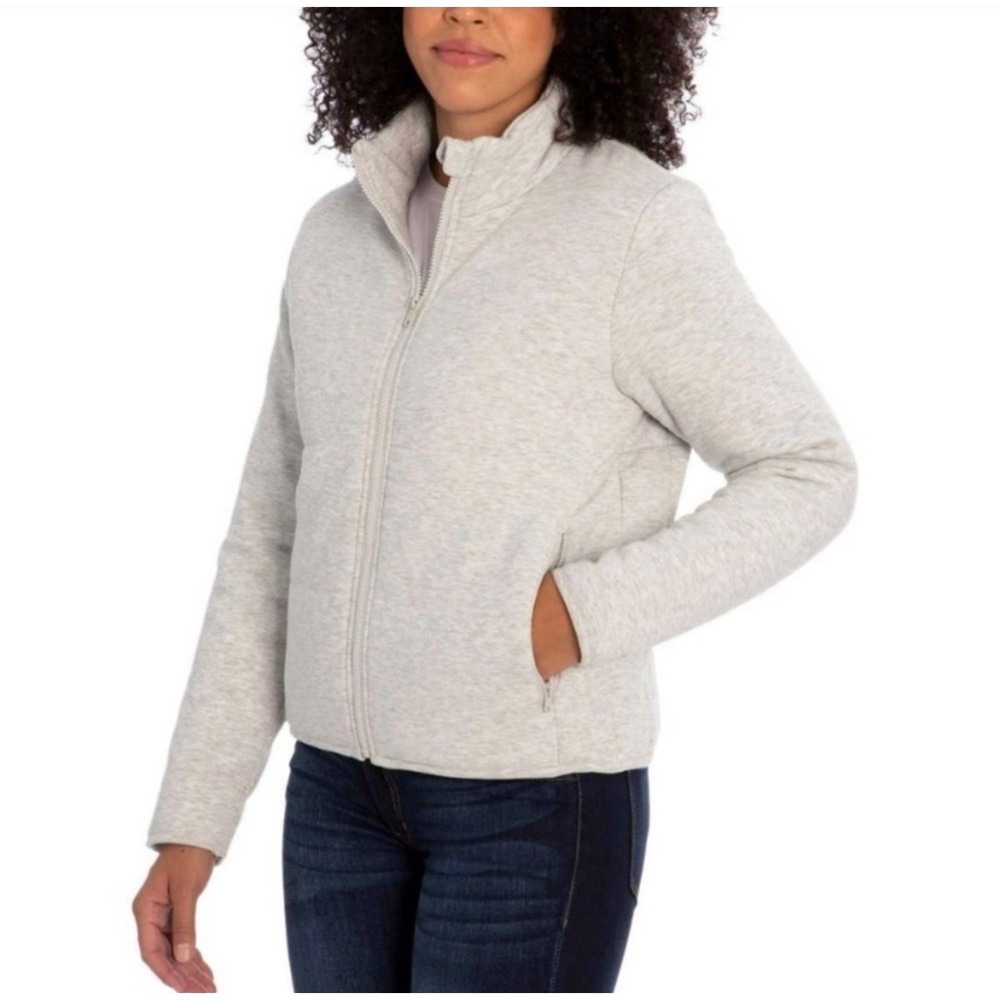 Three Dots Knit Puffer Jacket Full Zip Womens Sz XL Oatmeal‎ Cream Zip Pockets - Picture 3 of 15